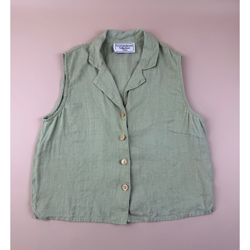 Coastal Linen Vest Top Sage Green Button Up Petite Carol Anderson Collection